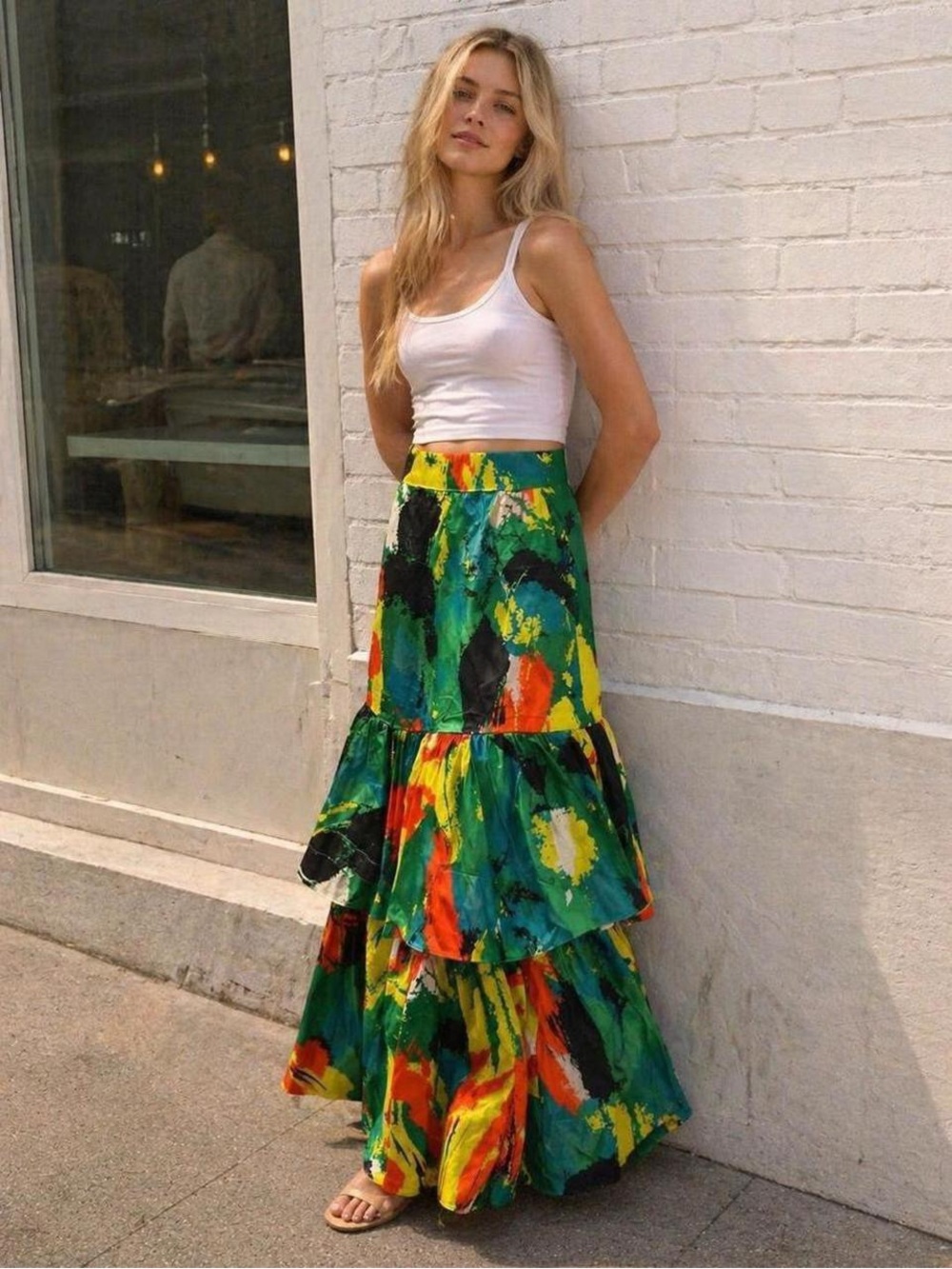 AKIRA Bold Green Multi-Print Tiered Maxi Skirt